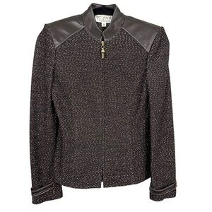 St. John Collection Brown Tweed Zip Jacket with Leather Trim